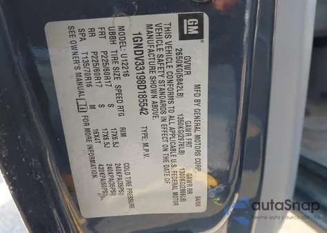 2008 Chevrolet Uplander Lt из США, поврежденный, VIN 1GNDV33198D185542